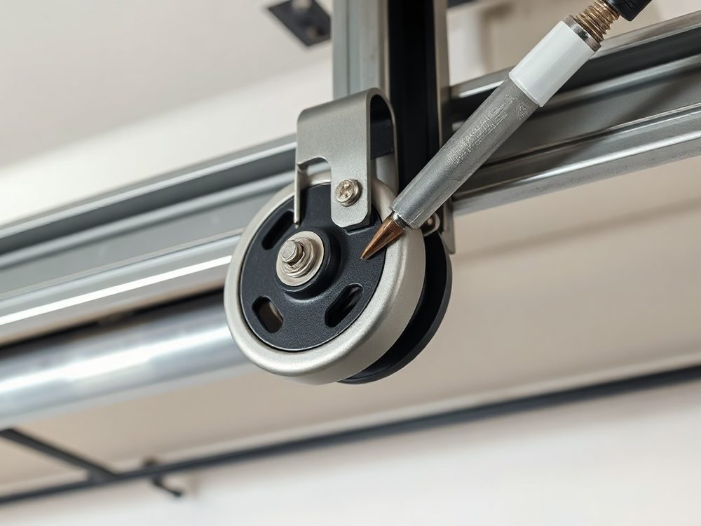 Garage door roller and steel track being serviced
